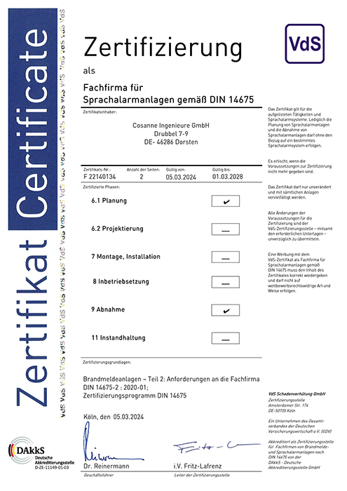 Zertifizierung nach ISO 14675 für Sprachmeldeanlagen