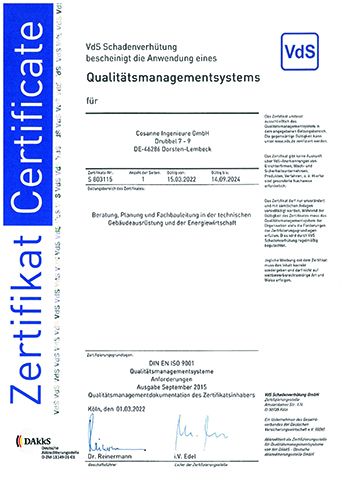 Bescheinigung des ISO 9001 Zertifikates